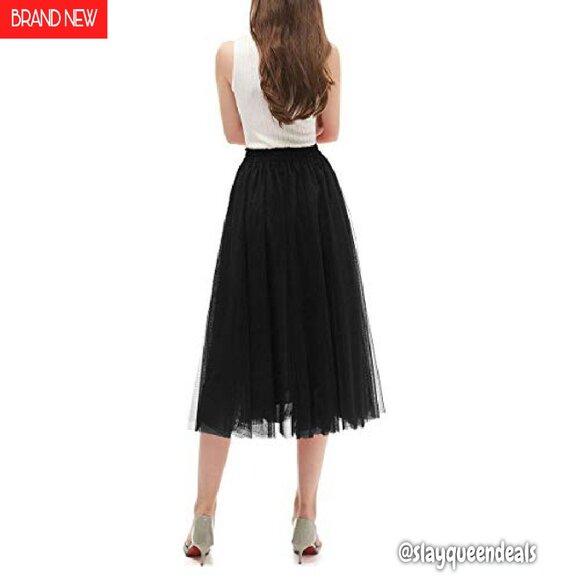 Women's A-Line Tulle Skirt Tea Length Elastic Waist Party Evening - Picture 6 of 8
